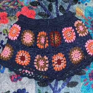 BOOHOO Boho Polyester Blue Crochet Shorts With Orange/Pink/Red/Brown Squares